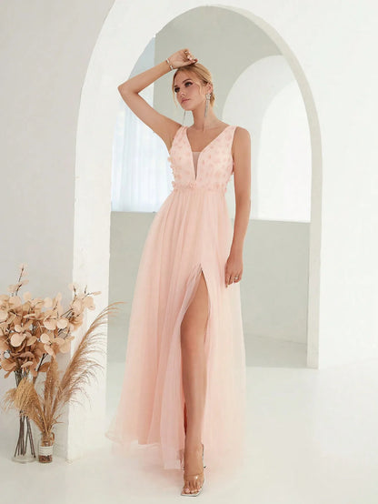 Mgiacy V-neck 3d sequin embroidered mesh slit skirt