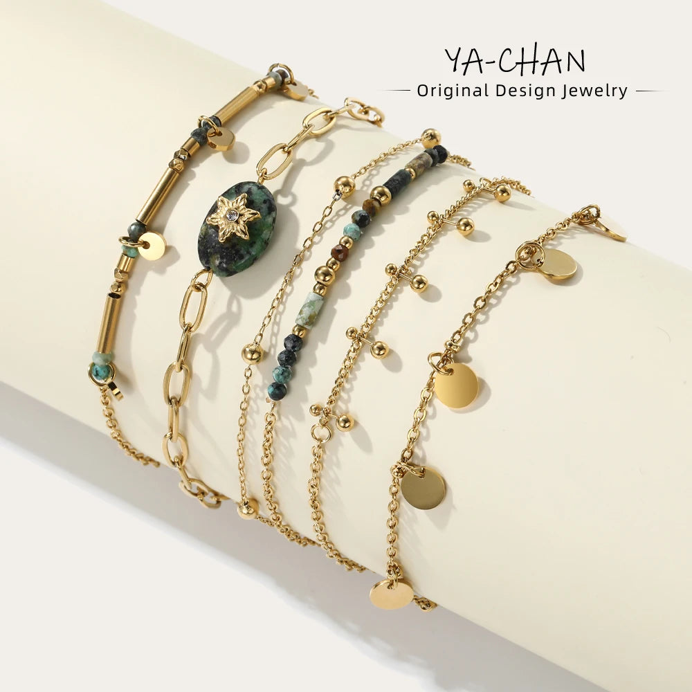 YACHAN 18K Gold PVD Plated Stainless Steel Chain Bracelets for Women Charm African Turquoise Natural Stone Trendy Jewelry Gift