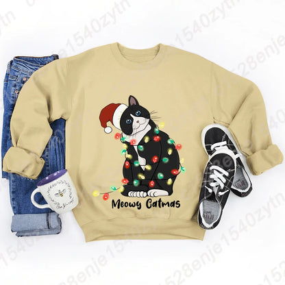 Christmas Light Cat Meowy Catmas Print Sweatshirt Autumn And Winter Sweatshirt Ladies Casual Long Sleeve Hoodless Pullovers Tops