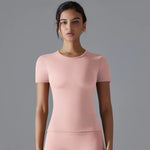 Women Running Sports T Shirt Summer Short Sleeve Round Neck Breathable Stretchy GYM Yoga Slim Fitness Active Top Tee