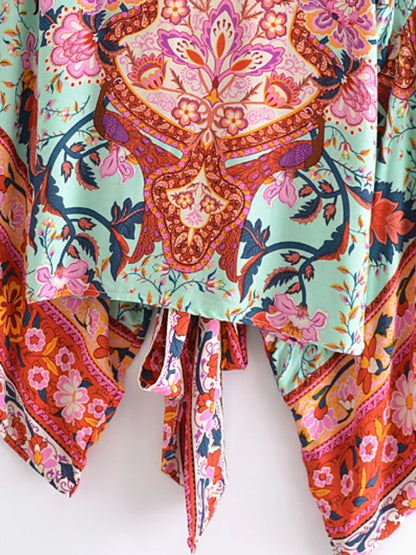 Boho Vintage Floral Print Beach Summer Short Kimono Women Fashion Ladies Casual V Neck Batwing Sleeves Bohemian Cover-ups