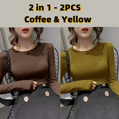 Autumn Office Lady Basic O-Neck Slim T-Shirt Women Solid Multi Color All-Match Trend Casual Top Screw Thread Long Sleeve Elastic