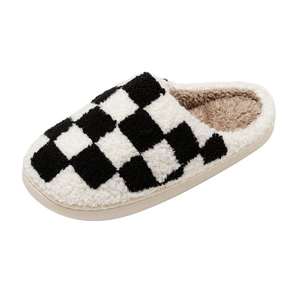 New Fuzzy Slippers Fashion Checker Indoor Embroidery Houseshoes Cozy Woman Winter Fluffy House Retro Checkered Print Shoes