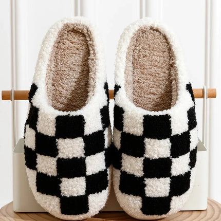 Winter Fuzzy Slippers Fashion Checker Indoor Embroidery Houseshoes Cozy Woman Winter Fluffy House Retro Checkered Print Shoes