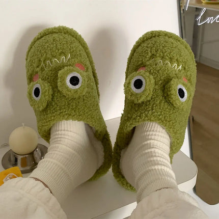 Women Faux Fur Slippers Cute Cartoon Frog Home Slipper Women Men Winter Warm Shoes Soft Plush Lovers Indoor House Floor Slides