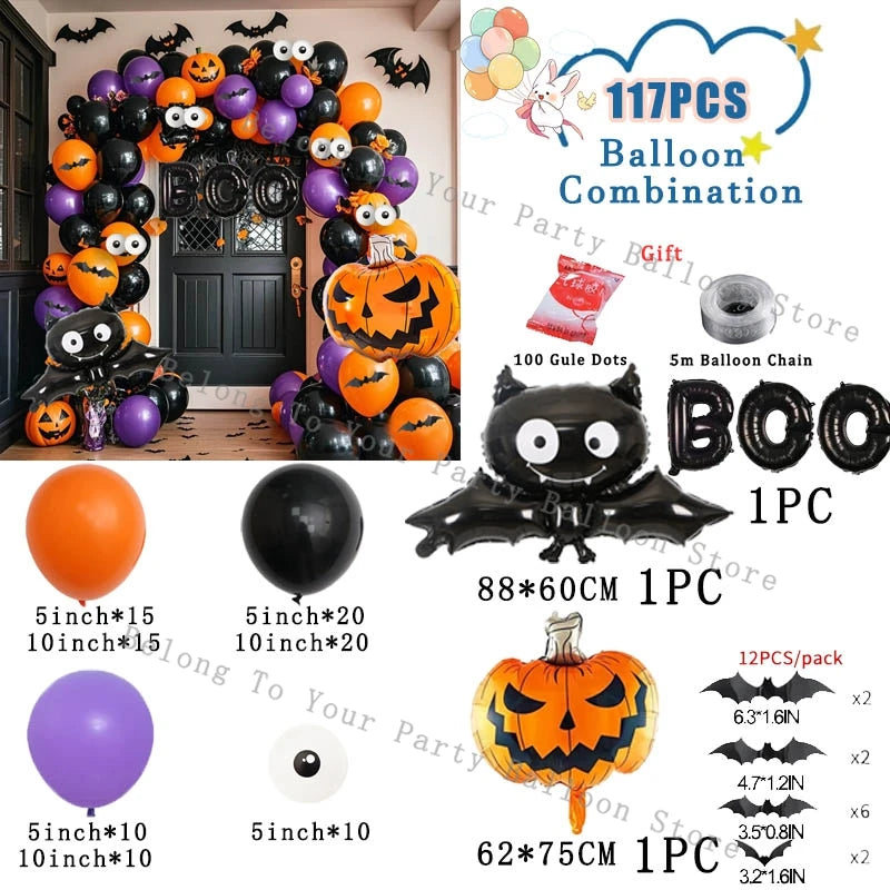 Halloween Balloons Garland Arch Eye Ballon with Bats Pumpkin Purple Orange Black Ballon for Birthday Party Halloween Decorations