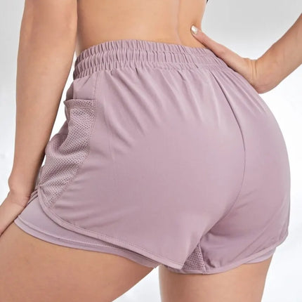 Women's Elastic Sports Shorts, Shorts With Pockets, Fake Two-Piece Yoga Leggings Running And Training