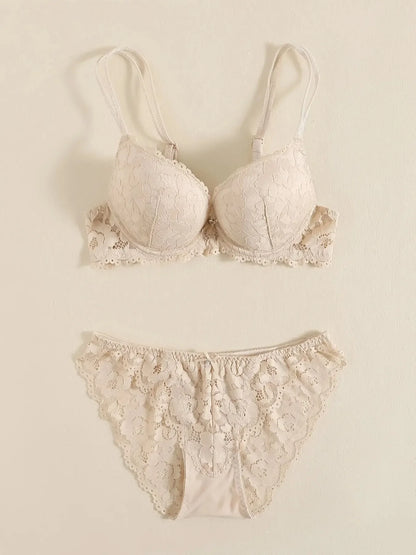 1 Set Elegant Erotic Lace Embroidery Breathable Fabric Lingeries : Push-Up Bra, Low Waist Sheer Panty - Ultimate Valentine's Day