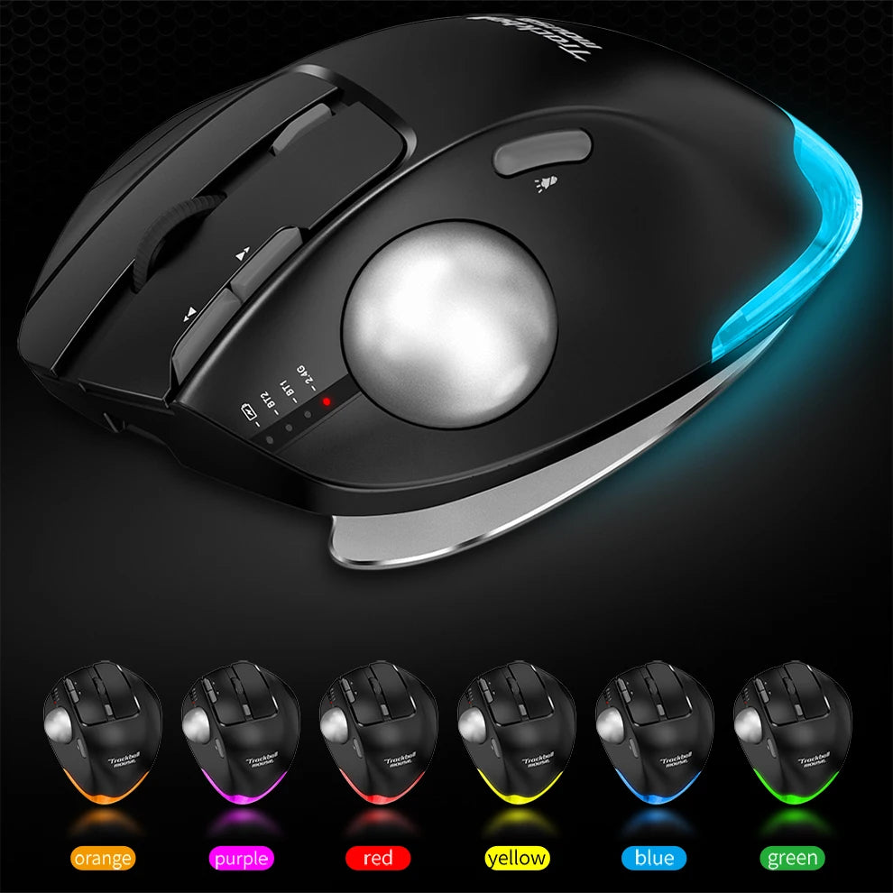 Wireless Bluetooth Trackball Mouse 2.4G RGB Ergonomic Rechargeable Rollerball Mice 3 Device Connection Thumb Control for PC iPad