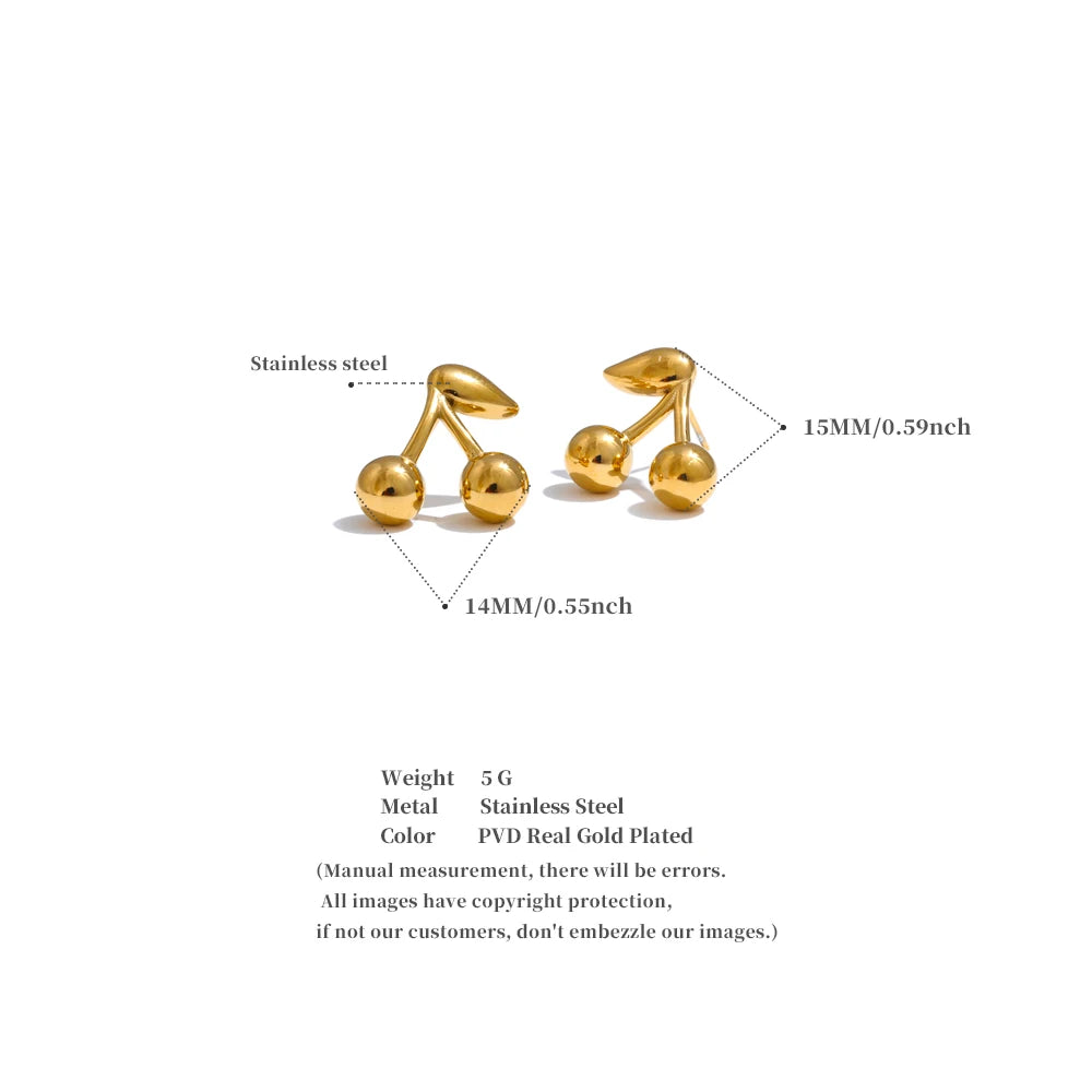 Yhpup 316L Stainless Steel Metal Chic Cherry Golden Stud Earrings Water Resistant Charm Fashion Jewelry 18K PVD Plated Wholesale