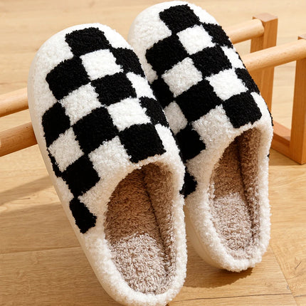 New Fuzzy Slippers Fashion Checker Indoor Embroidery Houseshoes Cozy Woman Winter Fluffy House Retro Checkered Print Shoes