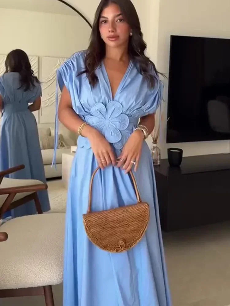 Casual Blue Flower Belt Women Maxi Dress Chic V-neck Lace Up Short Sleeve High Waist Dresses Summer Lady Pleated Street Robes