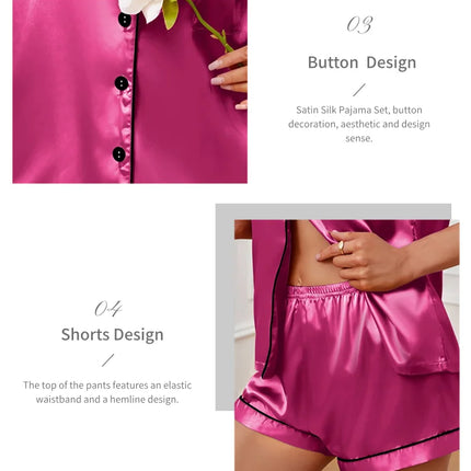 Womens Satin Pajamas Set Luxurious Short Sleeve Turn-down collar Button Top & Shorts Sleepwear & Loungewear for Summer Nightwear