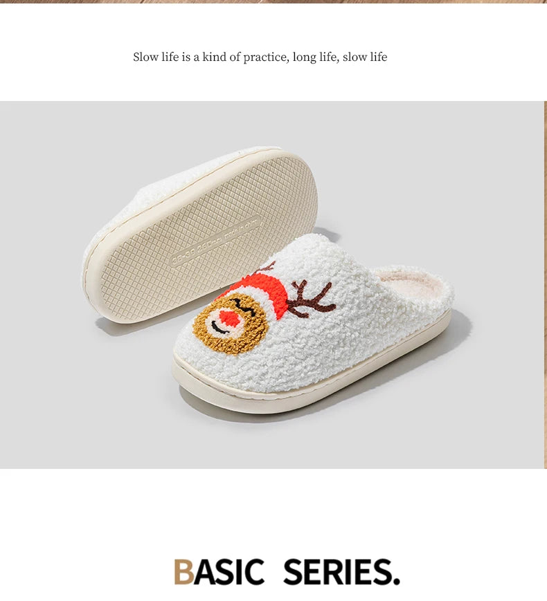 Christmas Home Warming Slippers for Women in Autumn and Winter Indoor Slip-Resistant Plush Home Shoes with Christmas Hat Unisex