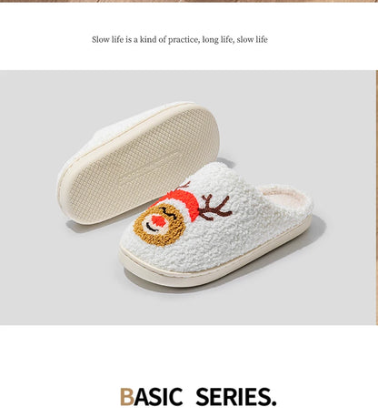 Christmas Home Warming Slippers for Women in Autumn and Winter Indoor Slip-Resistant Plush Home Shoes with Christmas Hat Unisex