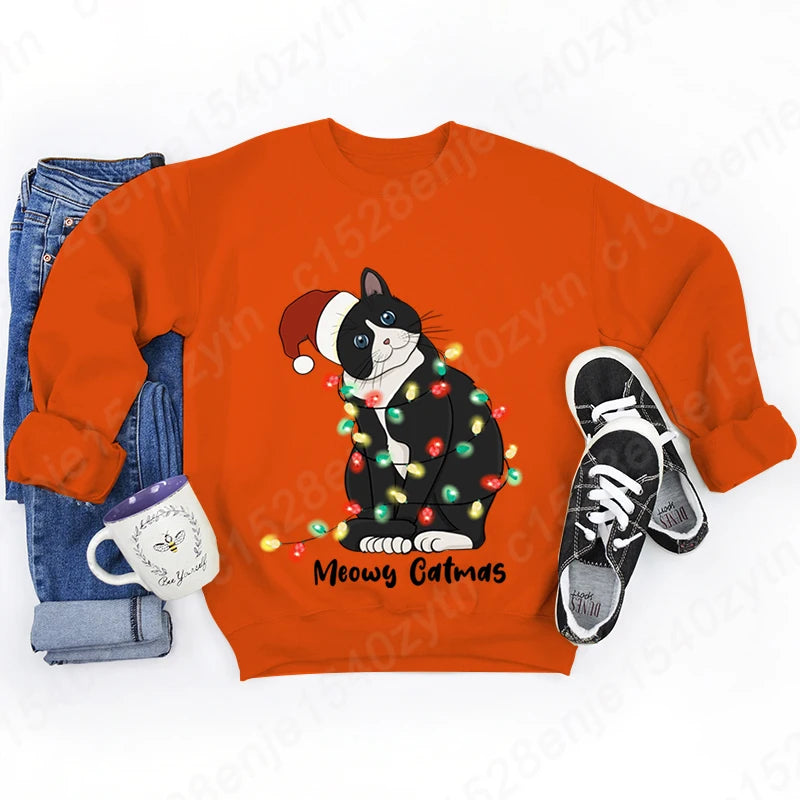 Christmas Light Cat Meowy Catmas Print Sweatshirt Autumn And Winter Sweatshirt Ladies Casual Long Sleeve Hoodless Pullovers Tops