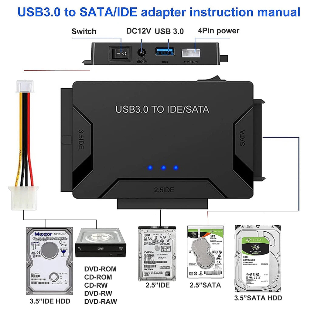 SATA/IDE to USB 3.0 Adapter Hard Drive Adapter Cable Converter for 2.5/3.5 Inch SATA and IDE HDD Support 6TB For PC Macbook