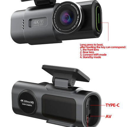 Dash Cam Dual Lens 4K UHD Recording Car Camera DVR Night Vision Video Recorder Built-In Wi-Fi Support GPS 24H Parking