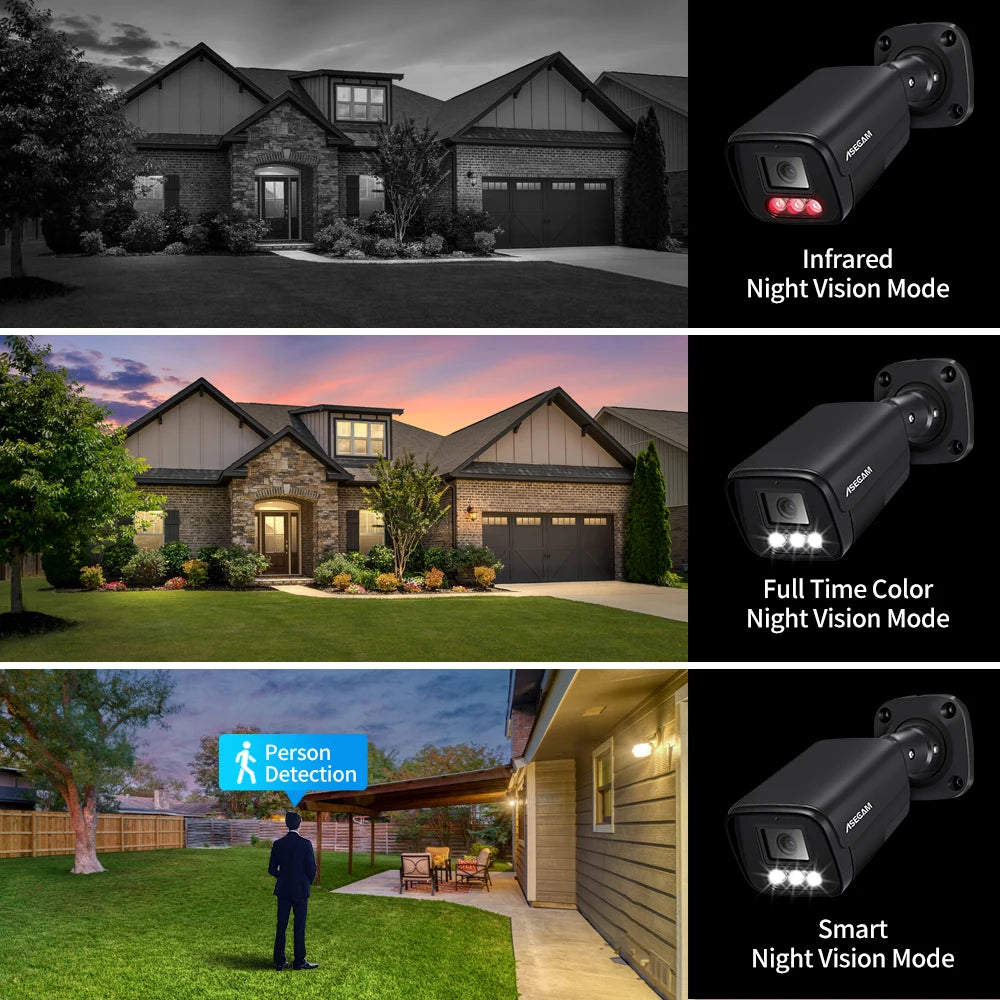 ASECAM 4K 8MP IP Camera Audio CCTV Recording Outdoor POE H.265 Onvif Metal Black 4MP Human Detection Surveillance Camera