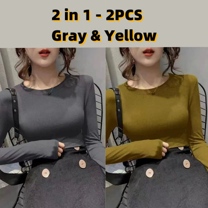 Autumn Office Lady Basic O-Neck Slim T-Shirt Women Solid Multi Color All-Match Trend Casual Top Screw Thread Long Sleeve Elastic