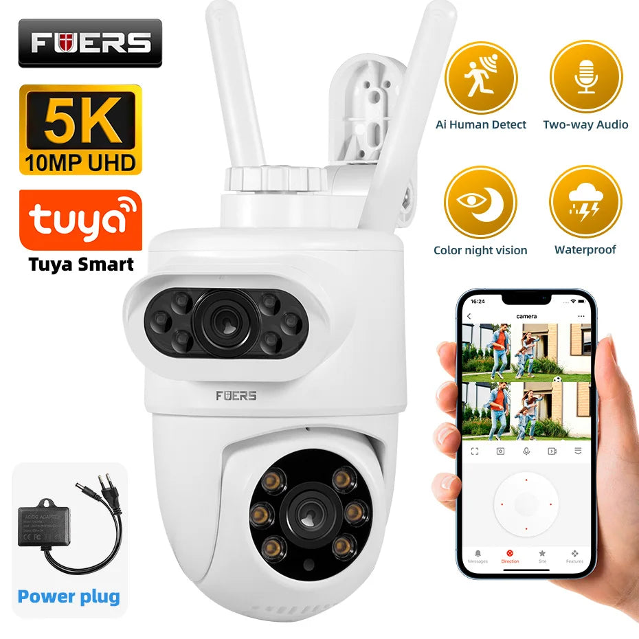 FUERS 5K 10MP Dual Lens IP Camera Tuya Smart Home Security Auto Tracking Wireless Alarm WIFI CCTV Surveillance Outdoor Camera