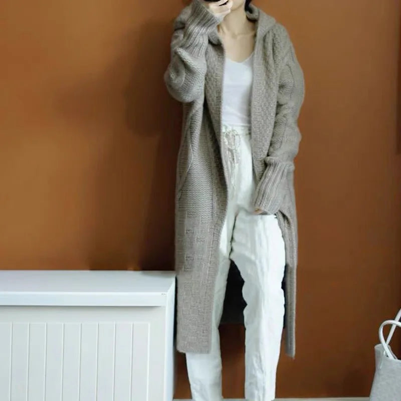 Women Sweater Midi Cardigans Autumn Winter 2023 Knitted Jackets Korean Loose Oversized Long Sleeve Casual Hooded Coats Basic New