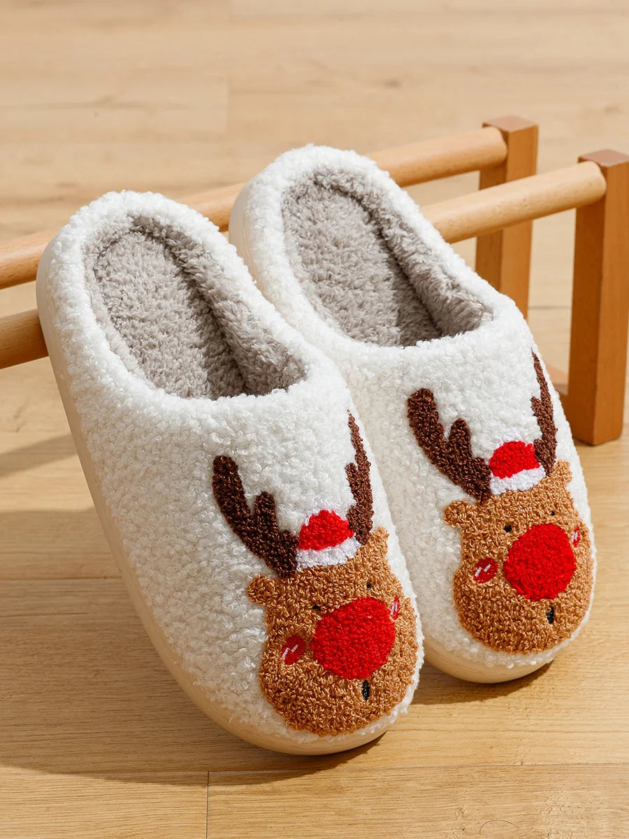 Cute Elk Christmas Slippers Winter Warm Soft TPR Thicken Sole Women Men Houseshoes Cushion Slides