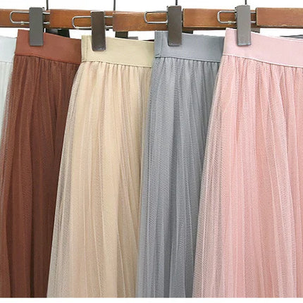 3 Layers Tulle Skirts Womens Black Gray White Adult Tulle Skirt Elastic High Waist Pleated Midi Skirt