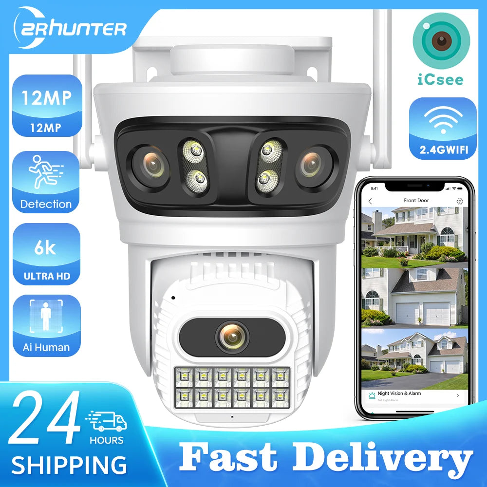 12MP Outdoors Wifi Camera 6K HD Three Lens Security PTZ IP Surveillanc Camera Human Auto Detect Tracking CCTV Camera ICESS APP