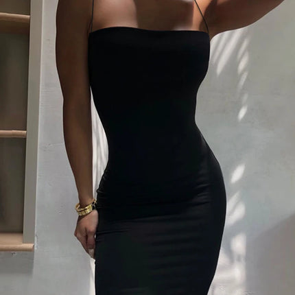 Summer Black Sexy Dress Women Streetwear Sleeveless Backless Solid Spaghetti Strap Bodycon Casual Clubwear Elegant Party Dresses