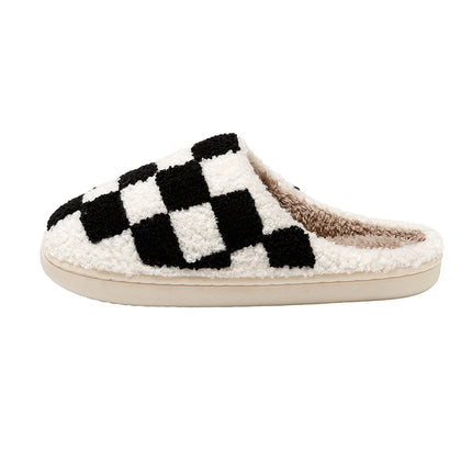 New Fuzzy Slippers Fashion Checker Indoor Embroidery Houseshoes Cozy Woman Winter Fluffy House Retro Checkered Print Shoes
