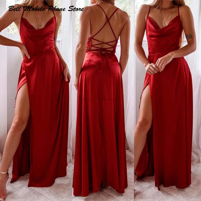Elegant Women Sexy Satin Prom Dress Summer Sexy Blue High Slits Graduate Evening Long Dress Ladies Backless Lace Up Party Robes