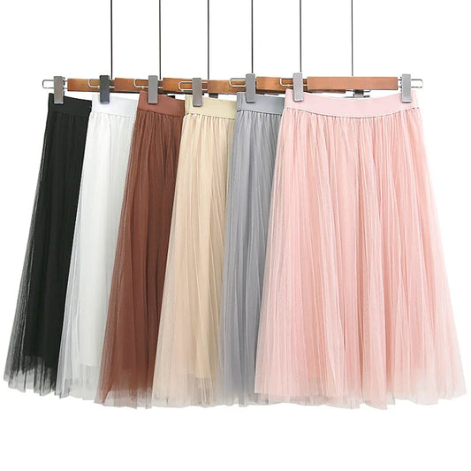 3 Layers Tulle Skirts Womens Black Gray White Adult Tulle Skirt Elastic High Waist Pleated Midi Skirt
