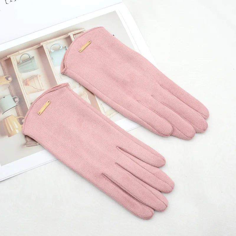Women Autumn Winter Keep Warm Touch Screen Thin  Solid Simple Gloves Cycling Drive Suede Fabric Elegant Windproof