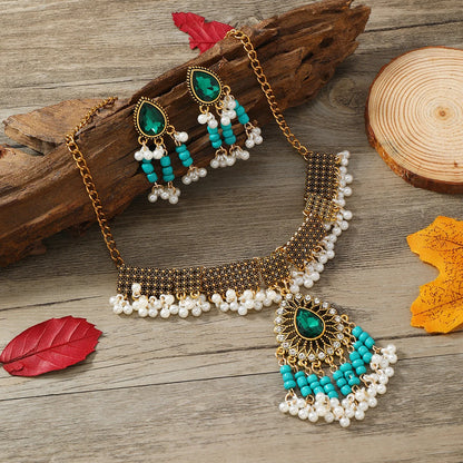 3pcsEuropean and American Bohemian Crystal Jewelry National Style Gemstone Fringe Necklace Earring Set