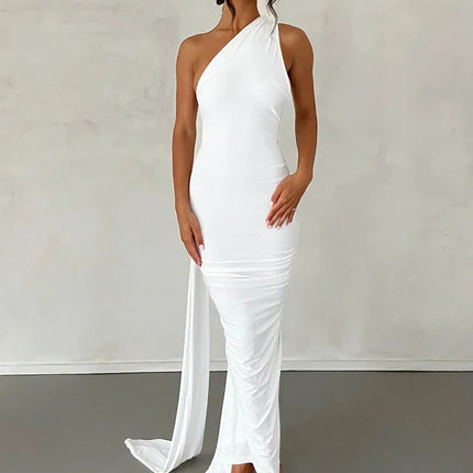 Hugcitar One Shoulder Backless Adjustable Scarf Loop Ruched Sexy Maxi Dress 2024 Women Elegant Y2K Streetwear Festival Outfit