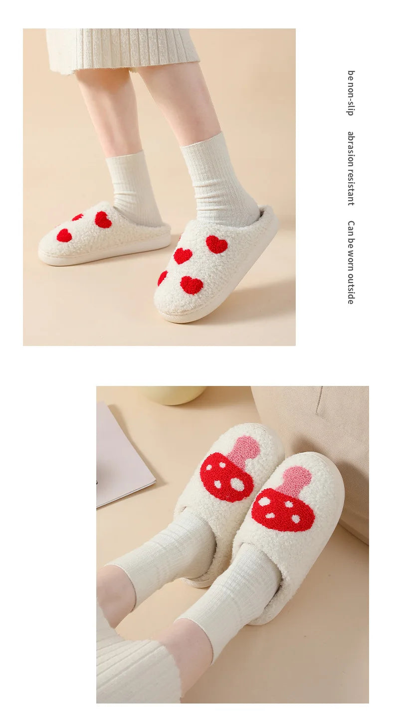 House Slippers for Women, Cute Big Small Heart, Fluffy Cozy Home Comfy Shoes for Ladies, Indoor Slippers for Winter, Mushroom