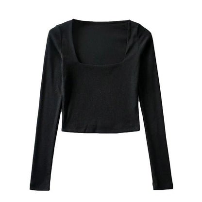 Women Cotton Ribbed Square Neck Crop Top With Long Sleeve