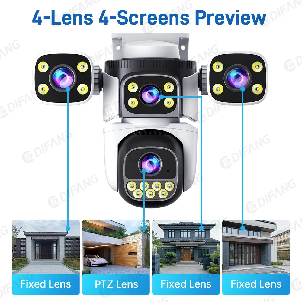 10K 20MP Four Screen Outdoor WiFi Cam PTZ 5X Zoom Night Vision Four Lens 10K Wireless CCTV Surveillance Cam Security Protection