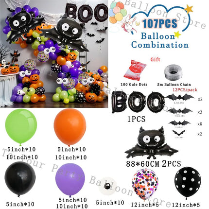 Halloween Bat Balloon Garland Arch Kit Black Orange Ballon 3D Bat Spider Sticker Eye Pumpkin Halloween Party Decoration Supplies