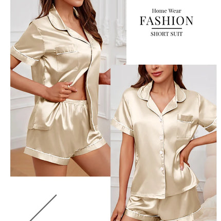 Womens Satin Pajamas Set Luxurious Short Sleeve Turn-down collar Button Top & Shorts Sleepwear & Loungewear for Summer Nightwear