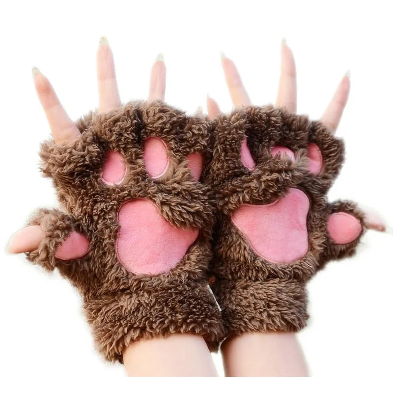 Cat Claw Gloves Winter Cute Cartoon Cat Girls Fingerless Gloves Thickened Velvet Bear Paw Half Finger Gloves