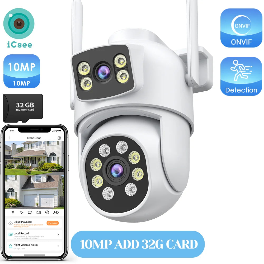 12MP Outdoors Wifi Camera 6K HD Three Lens Security PTZ IP Surveillanc Camera Human Auto Detect Tracking CCTV Camera ICESS APP