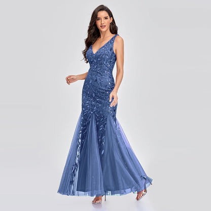 Sleeveless V-neck Tulle Sequins Cocktail Dresses V-back Mermaid Party Prom Gowns Women Formal Occasion Embroidered Robe Vestioes