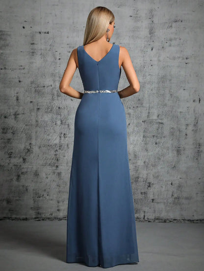 Mgiacy Shoulder deep V-neck silver sequin belt pleated chiffon slit skirt Evening gown Ball dress Party dress Bridesmaid dress