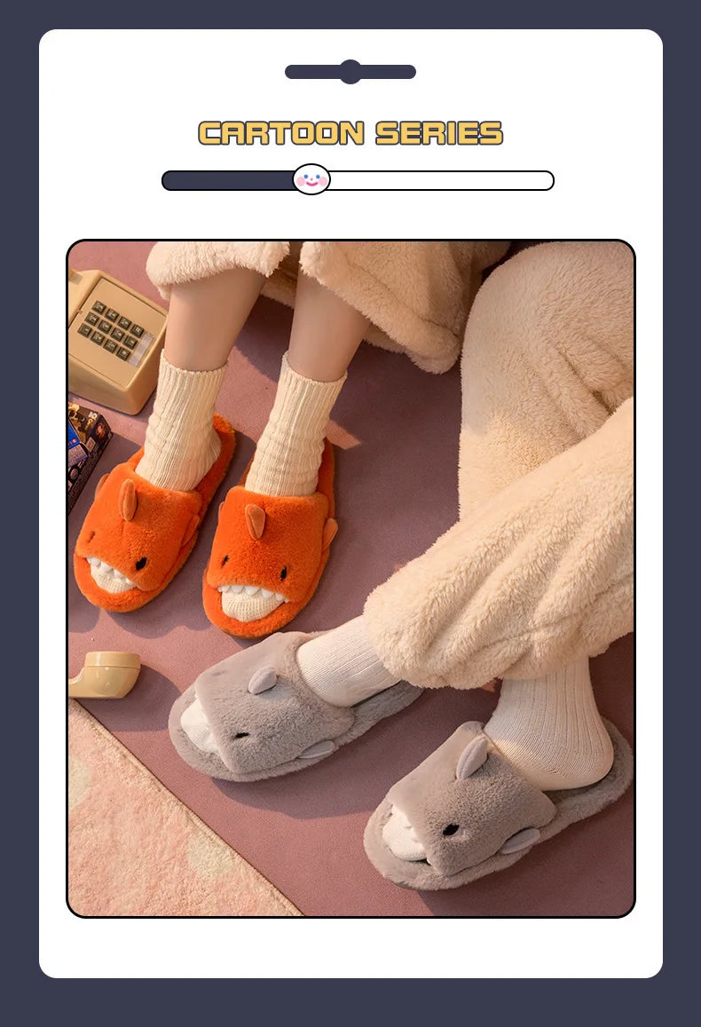Comwarm Autumn And Winter Cartoon Shark Wool Slippers For Women Soft Home Men's Indoor Household Open Toe Plush Cotton Slippers