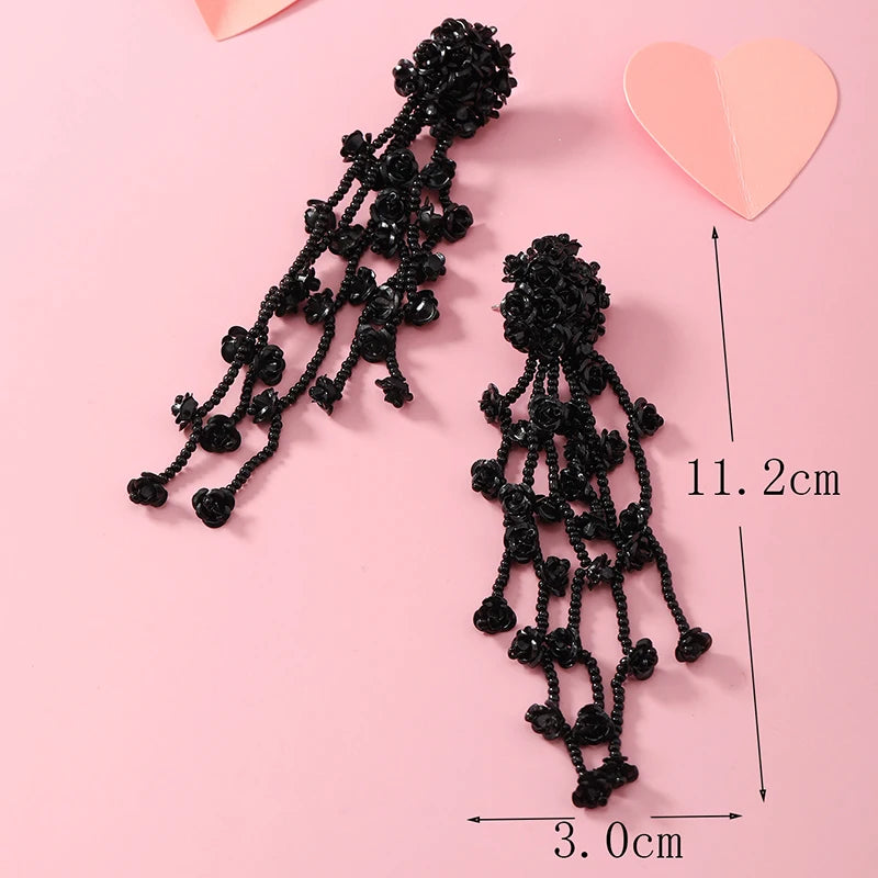 INS Japan and South Korea's popular floral tassels, silver needles, long rice bead earrings, earrings, accessories, commuting tr