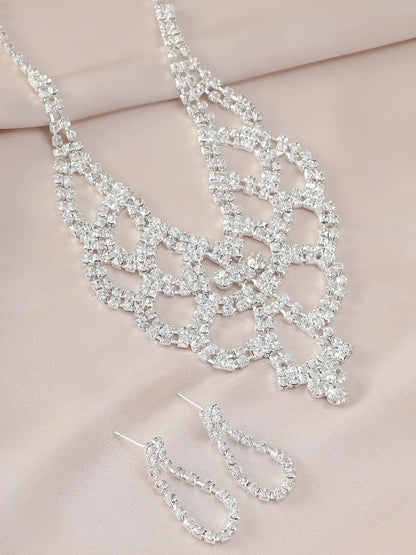 3pcs Women's Jewelry Set Creative Fashion Sparkling Necklace with rhinestones Earring Set Wedding Dress Accessories Bridal Jewe
