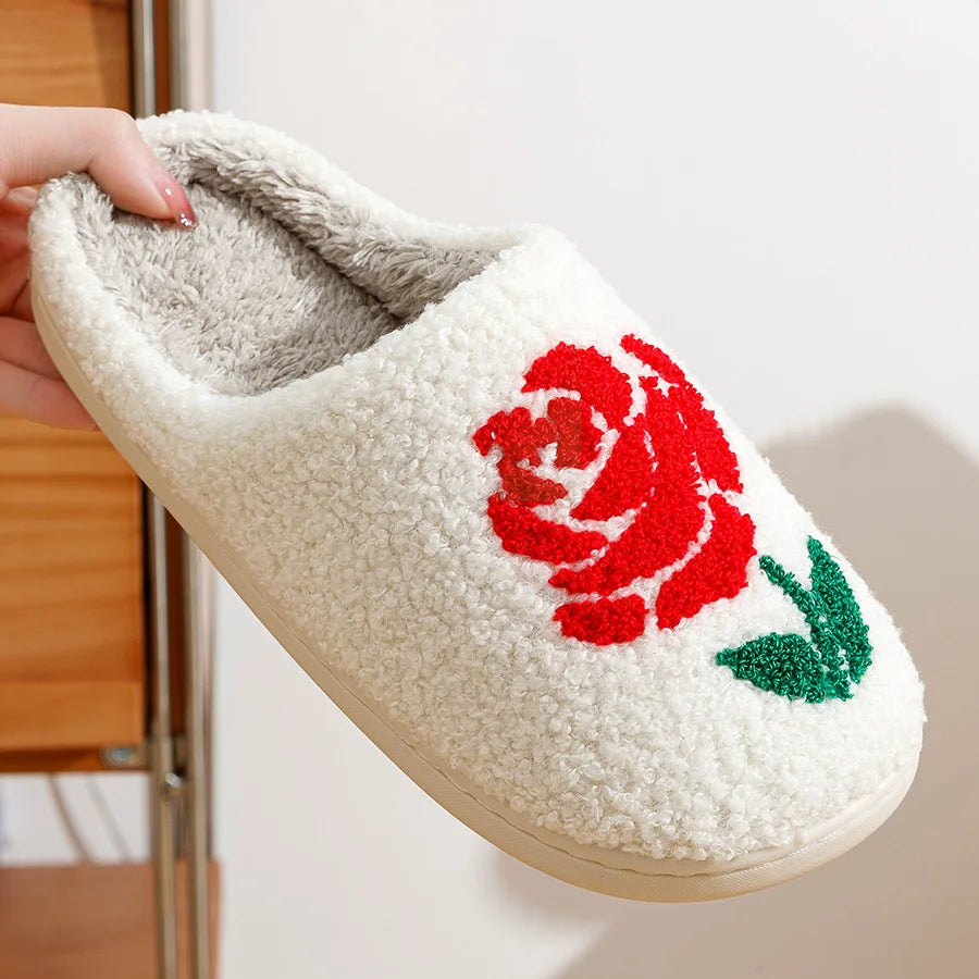Romantic Rose Women Slippers Valentine's Day Embroidery Fuzzy Love Comfy Flat Bedroom Valentine Gift Winter Home Girls Shoes