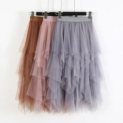 Women's Tulle Skirts Mesh Layered Elastic High Waist Tutu Midi Skirt Pleated Mesh A-Lines Skirt